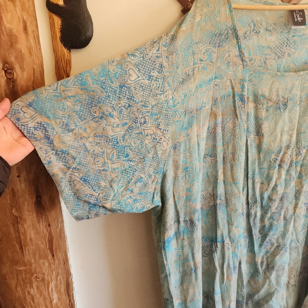 Plus Side Short Sleeve Tunic Beach Cover Floral Blue Gray Asymmetrical Hem 4x - Picture 5 of 10